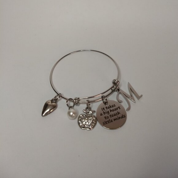 Teacher Charm Bracelet Big Heart to Teach Little Minds Silver Tone Gift Educator - Picture 1 of 5